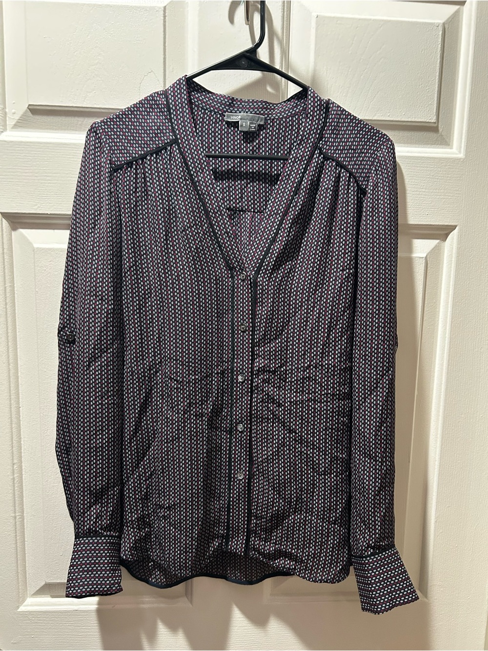Vince. Women’s Geometric Dot Print Button Down High-Low 100% Silk Blouse